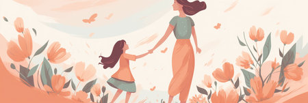 Vector illustration of two girls holding hands and walking in spring flowers.の素材