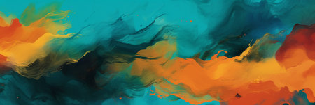 Abstract background of acrylic paint in blue, orange and yellow tones.の素材