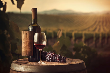 Wine bottle and glass of red wine on wooden barrel in vineyardの素材