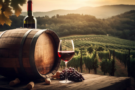 Wine glass and barrel on vineyard in Chianti, Tuscany, Italyの素材