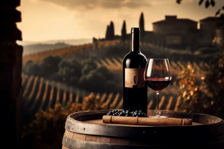 Red wine and barrel on vineyard in Chianti region, Tuscany, Italyの素材