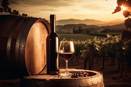 Wine bottle and glass on barrel in vineyard at sunset, Tuscany, Italyの素材