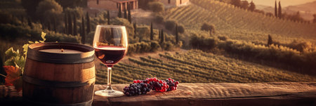 Wine tasting in Tuscany, Italy. Two glasses of red wine and barrel on vineyard background.の素材