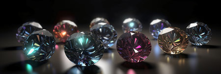 3d rendering of group of precious stones on black background with reflectionsの素材