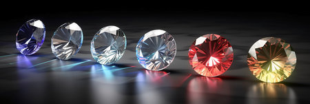3d render of diamonds on a black background with lighting effects.の素材