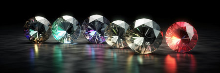 3d rendering of a group of diamonds on black background with reflectionの素材