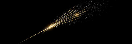 Gold glittering star dust trail sparkling particles on black background. Vector illustration.の素材