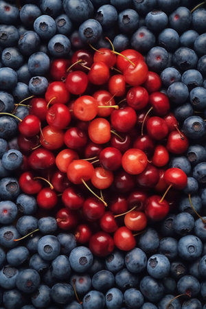Ripe cherries and blueberries as background. Top view.の素材