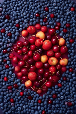 Red cherries and blueberries on a blue background. View from above.の素材