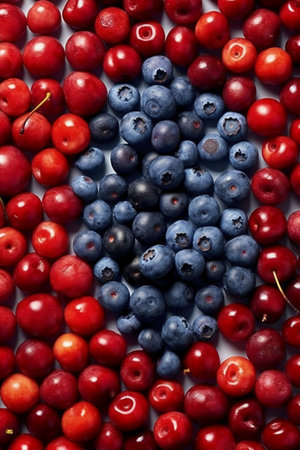 background of fresh blueberries and red cherries, close-upの素材