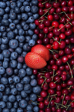 Fresh blueberries, cherries and strawberries as background, top viewの素材