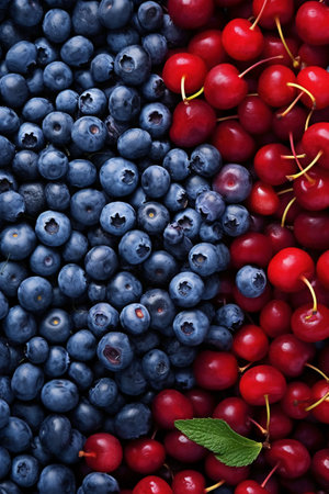 Blueberries and cherries as background, top view. healthy foodの素材