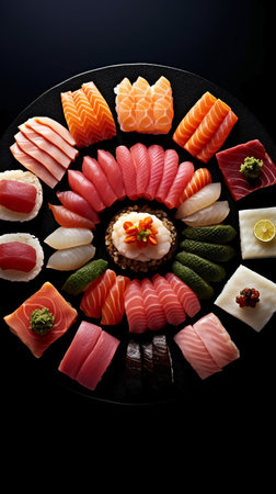 Sushi set on black background. Sashimi, nigiri, nigiri, salmon, tuna, caviar, wasabi, ginger, wasabi.の素材