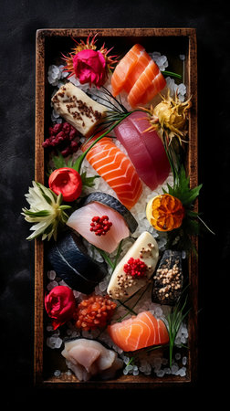 Sushi set in a wooden box on a black background, top viewの素材