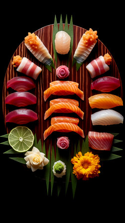 Sushi set on black background. Sushi nigiri, nigiri, nigiri, uramaki, sashimi and nigiri.の素材