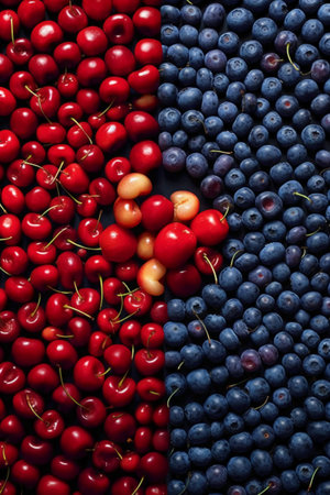 Cherries and blueberries on a dark background. Top view.の素材