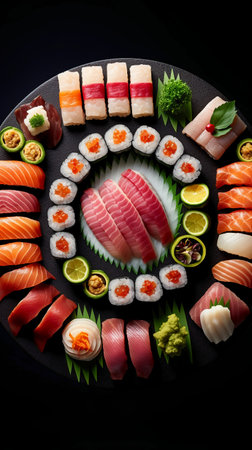 Sushi set on black background, top view. Japanese food.の素材