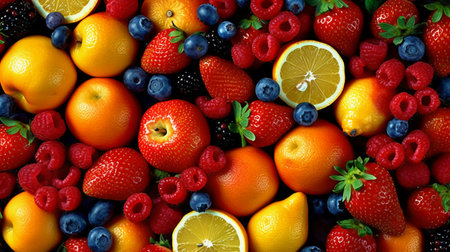 Fruits and berries background. Raspberries, blueberries, oranges, lemons, raspberries.の素材