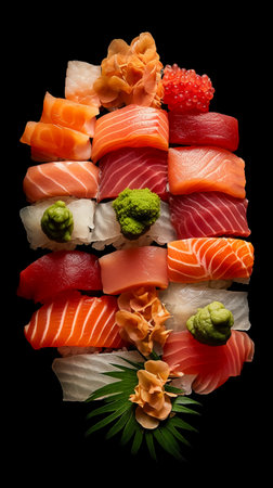 sushi on a black background, japanese food, top viewの素材