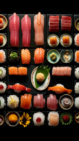 Japanese sushi set on a black background, top view, close-upの素材