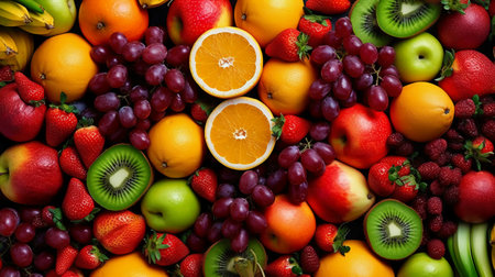 Variety of fresh fruits and berries as a background, top viewの素材