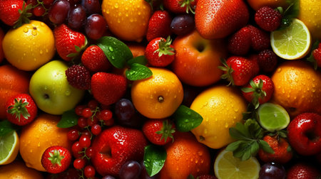 Mix of fresh fruits and berries as background, top view, closeupの素材