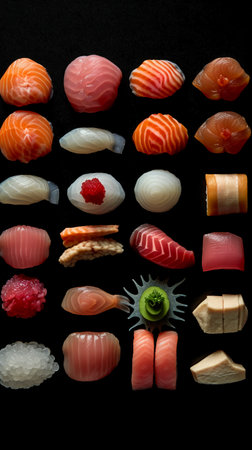 Sushi set on black background. Sashimi, nigiri, nigiriの素材