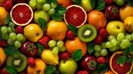 Fresh fruits background, top view, close up. healthy food conceptの素材