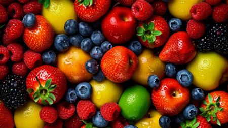 Mix of fresh berries and fruits as background, top view, close upの素材