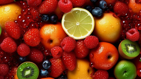 Mix of fresh fruits and berries as a background. Top view.の素材