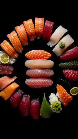 Sushi set on black background. Sashimi, nigiri, nigiri, nigiri, japanese food.の素材