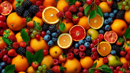 Variety of fresh fruits and berries as a background. Top view.の素材
