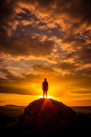 Silhouette of a man standing on top of a mountain at sunsetの素材
