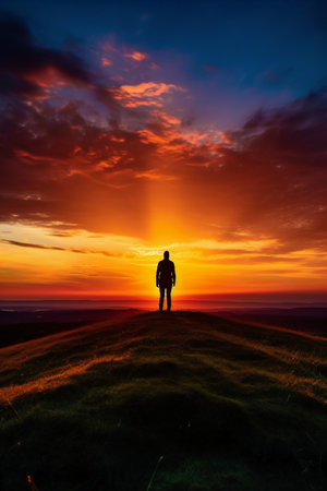 Silhouette of a man on the top of a hill at sunsetの素材