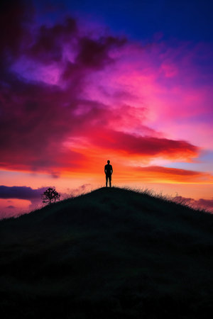 Silhouette of a man standing on a hill and looking at the sunsetの素材