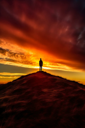Silhouette of a man standing on top of a hill at sunsetの素材