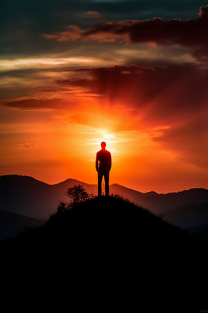 Silhouette of a man standing on the top of the mountain and looking at the sunsetの素材