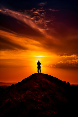Silhouette of a man standing on top of a rock and looking at the sunsetの素材