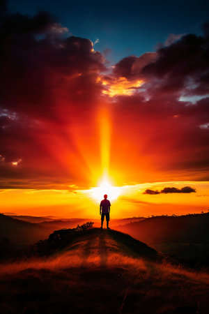 Silhouette of a man standing on the top of the mountain with beautiful sunriseの素材
