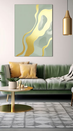 Interior of modern living room with green sofa, coffee table and wall mockupの素材