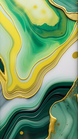 Abstract background with gold and green acrylic paint. Liquid marble pattern.の素材