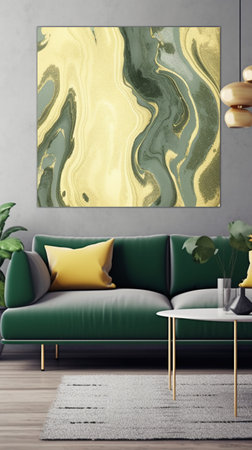 Interior of modern living room with green sofa, coffee table and plant. Mock up poster frame. 3D renderの素材