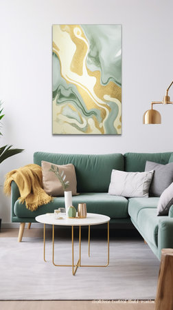 Modern living room interior with green sofa, coffee table and gold frame on wallの素材