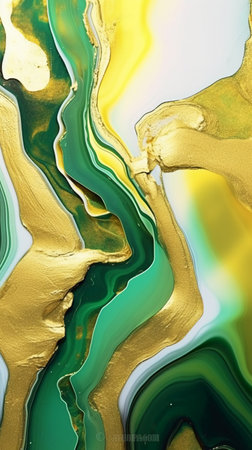 Abstract background of acrylic paint in yellow, green and gold tones. Liquid marble pattern.の素材