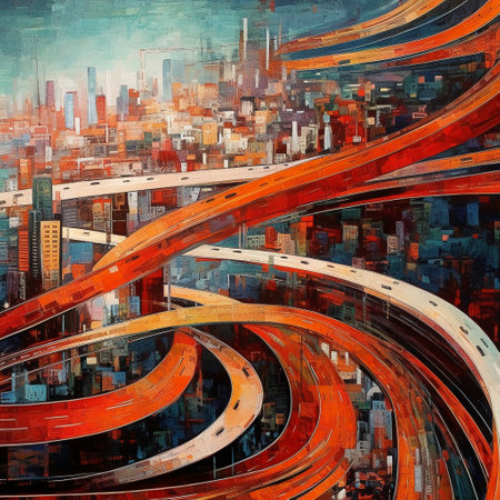 Abstract urban landscape with highway and skyscrapers. Digital painting.の素材