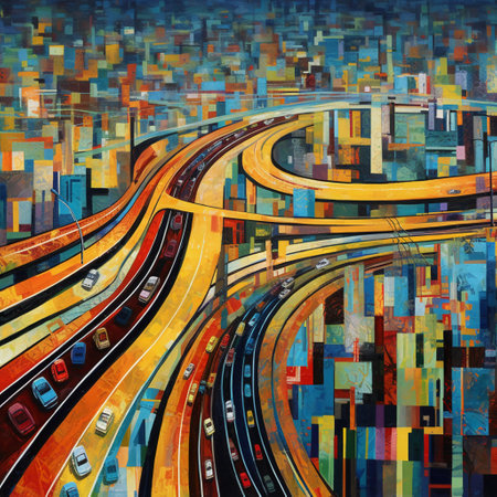 Abstract digital illustration of a modern highway with moving cars in the cityの素材