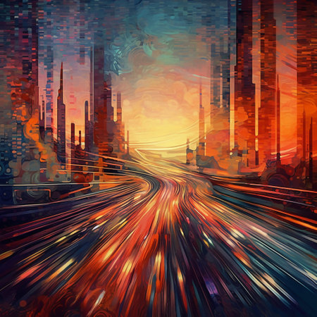 abstract illustration of the city at sunset, with blue and red colorsの素材