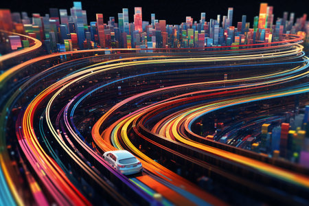 Car driving on the road in the city at night. 3d renderingの素材
