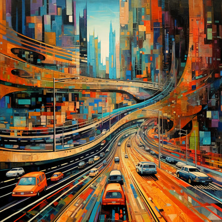 Highway with cars and skyscrapers in the city. Digital painting.の素材