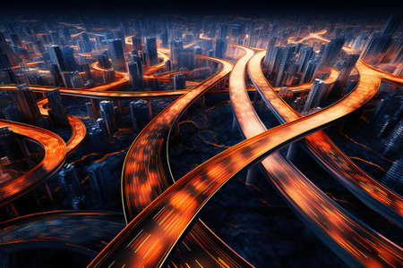 Abstract 3D rendering of a futuristic city with a curved road.の素材